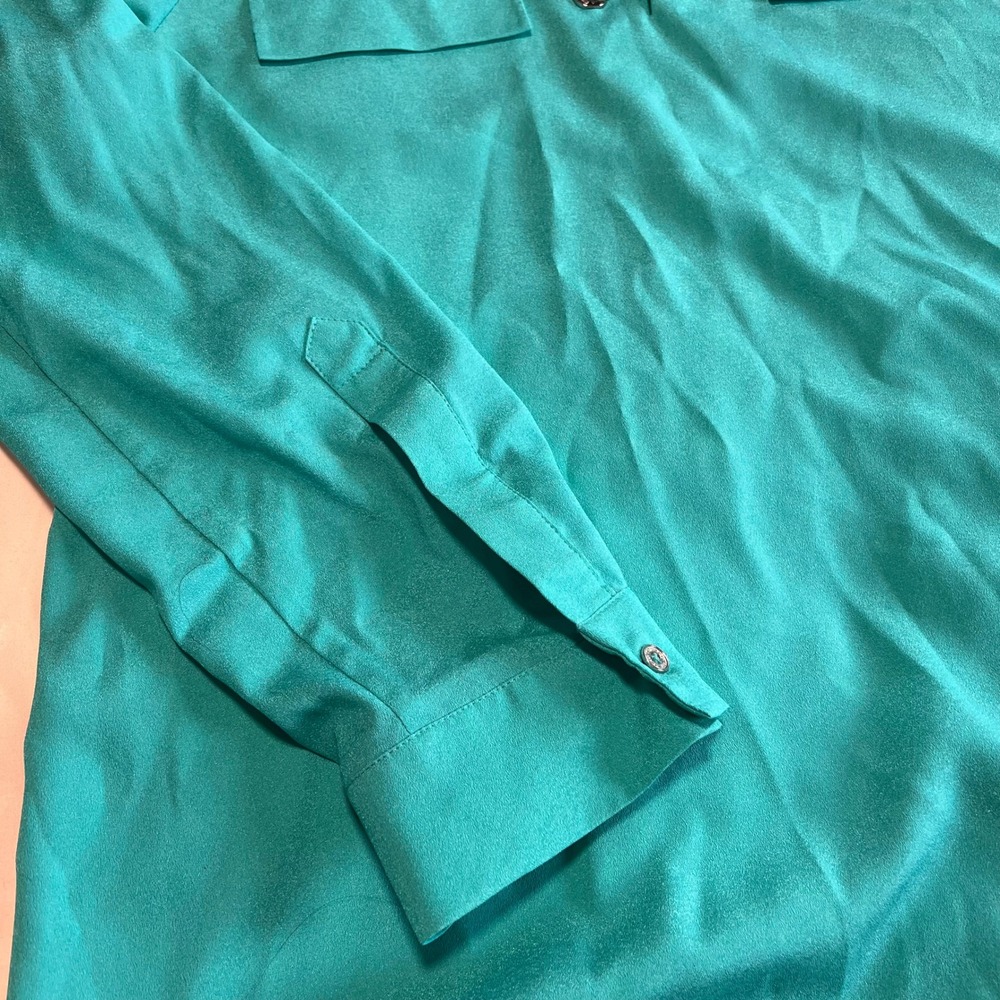 Calvin Klein Teal Green Lace Up Roll Tab Sleeve Tunic Blouse Womens Medium